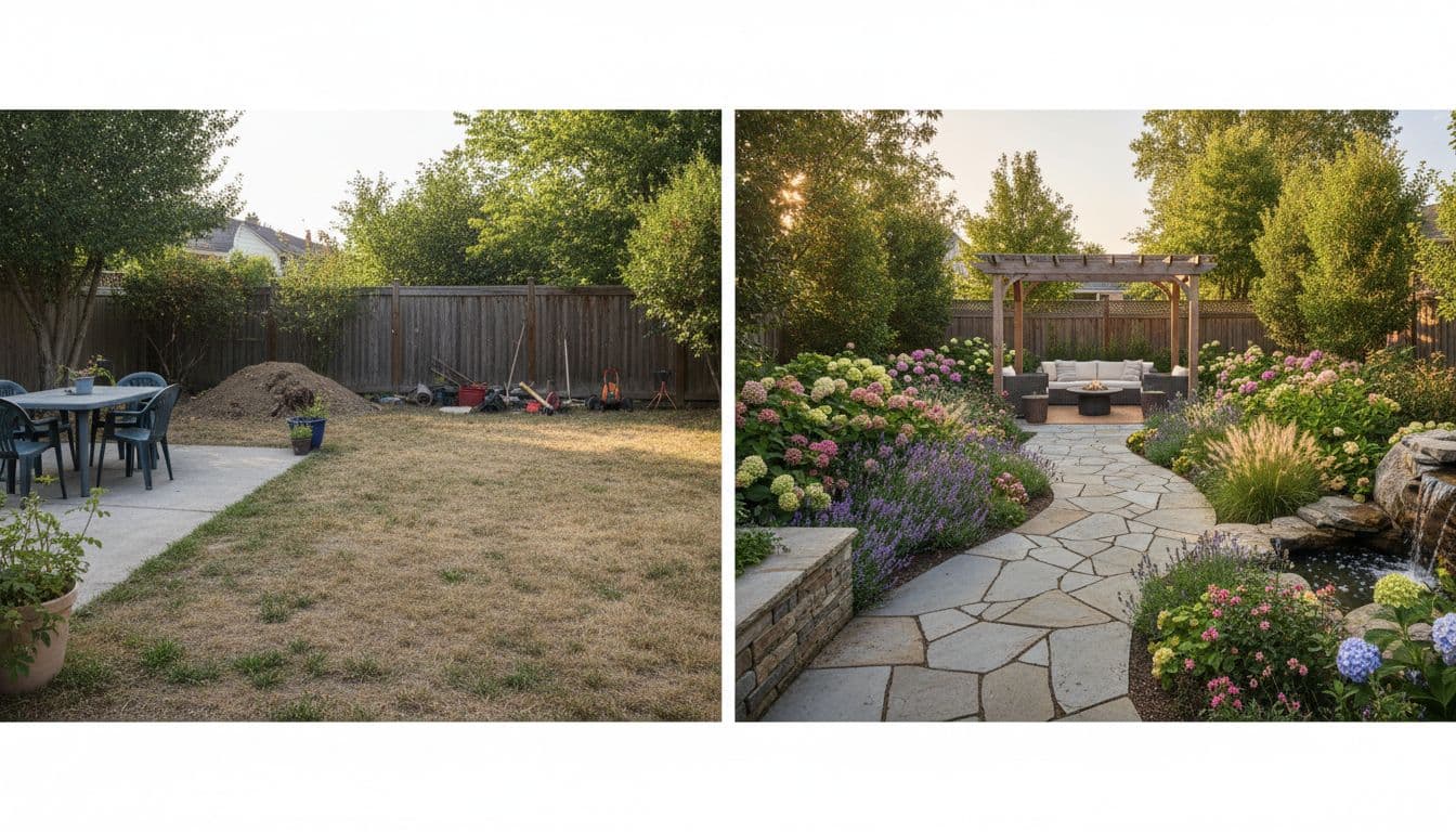 Vorher-Nachher Garten mit KI in modernem Stil
